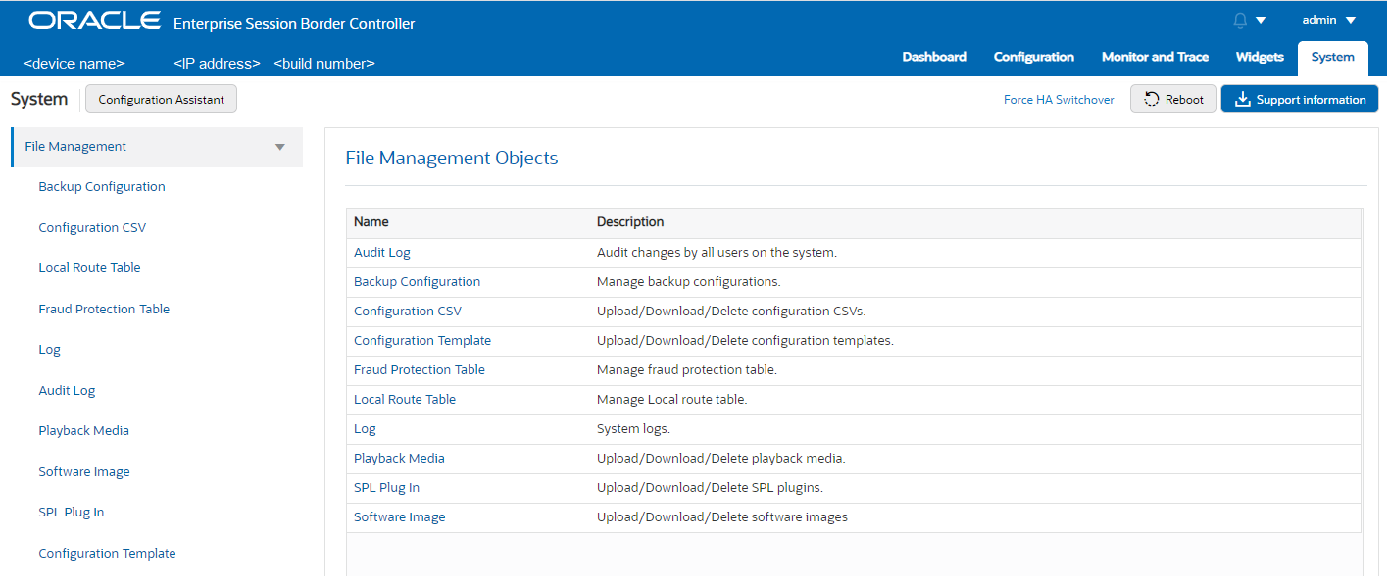 This screen capture shows the list of File Management links on the System page in the Navigation pane with descriptions in the center pane.