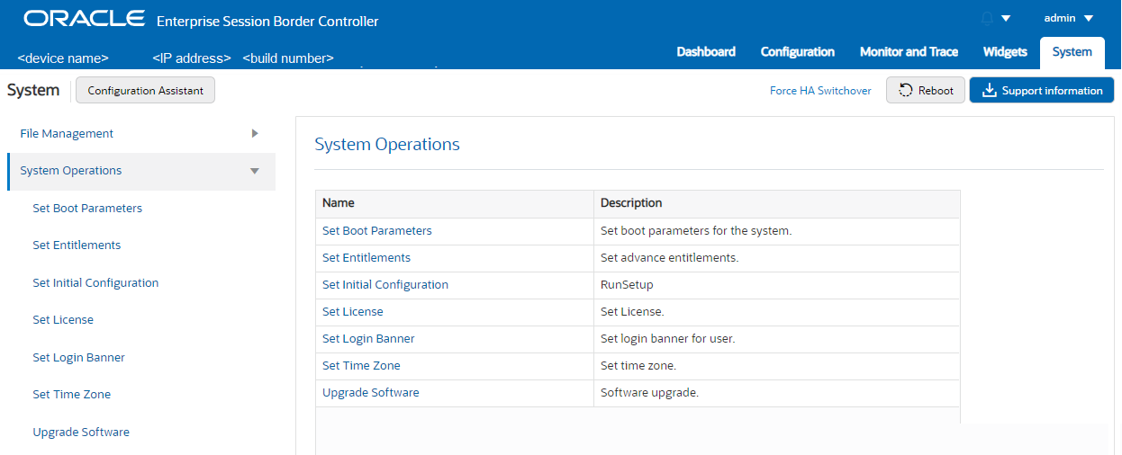 This screen capture shows the list of System Operations links on the System tab. The following table describes them.