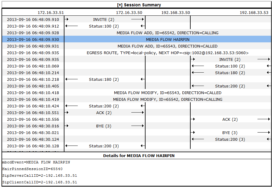 This image is a screen capture of a session summary showitng hairpin calls.