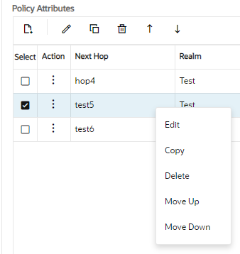 This screen capture shows the action menu displayed when you right-click a row in the Local Policy table. The menu choices include Edit, Copy, Delete, Move Up, and Move Down.