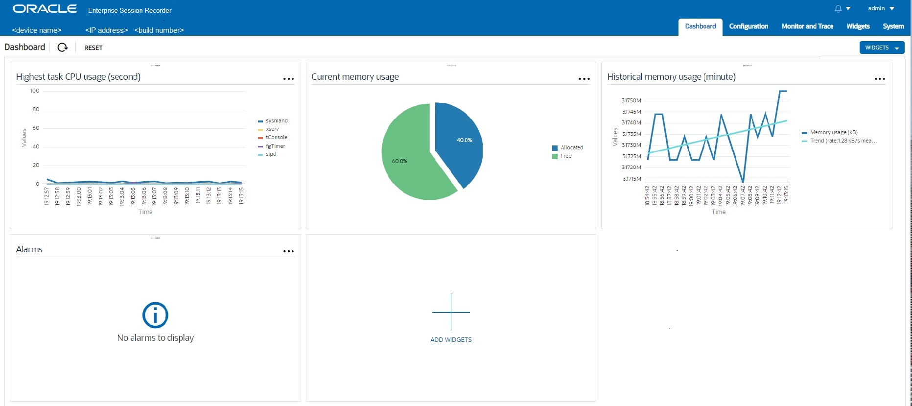 This screen capture shows the ESR Dashboard, which displays Widgets and the controls you use to add, refresh, and reset them.