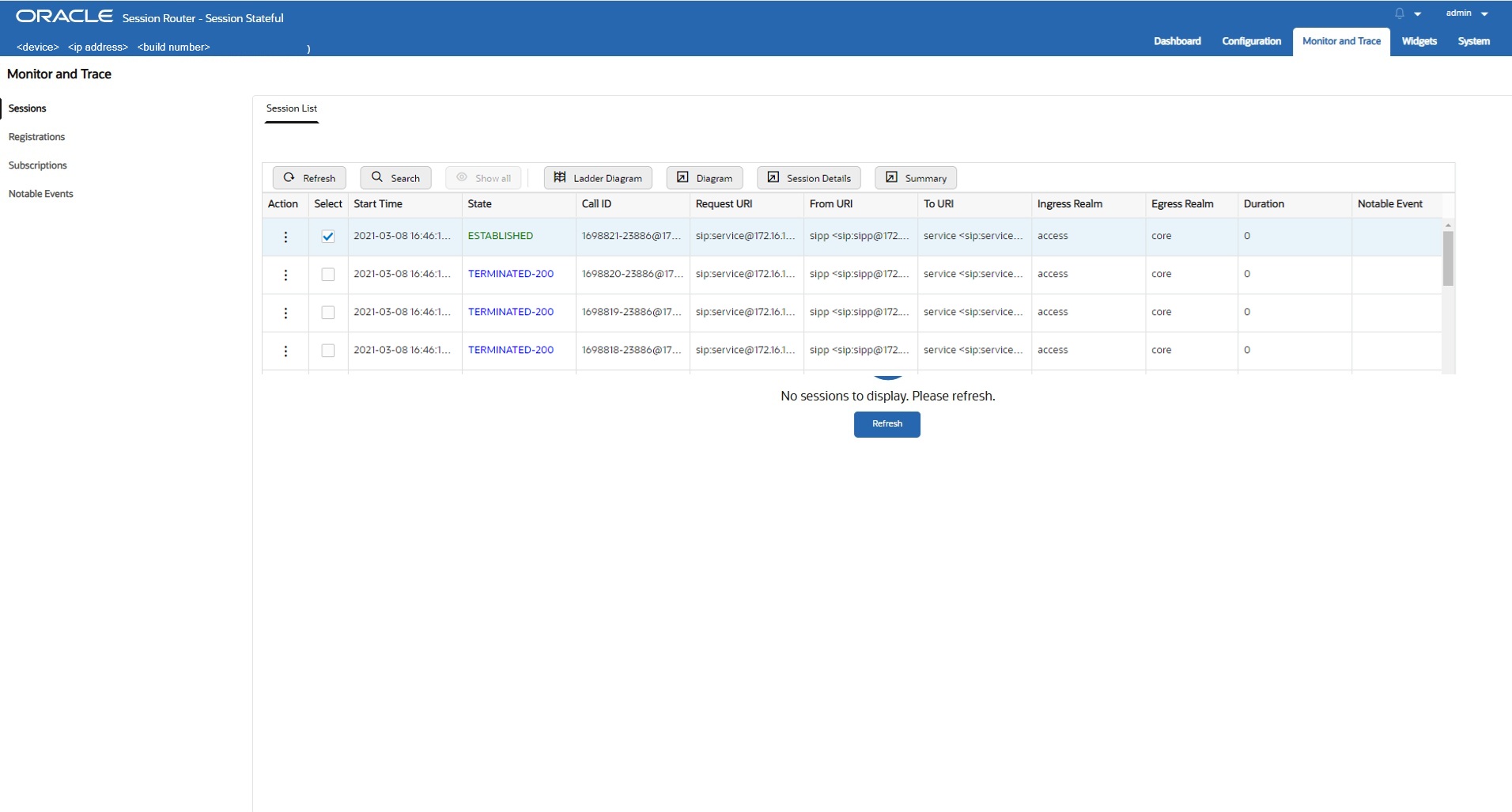 This screen capture shows the Monitor and Trace page with its links to the Sessions, Registrations, Subscriptions, and Notable Event summary lists. The Sessions list displays by default.