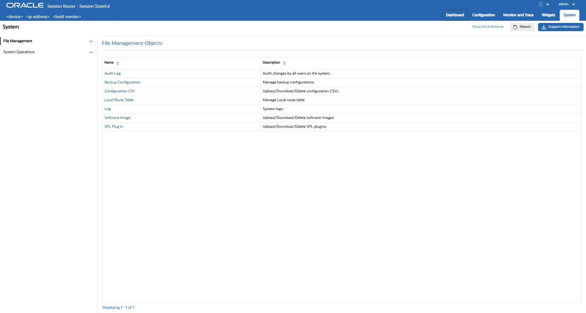 This screen capture shows the list of File Management links on the System page in the Navigation pane with descriptions in the center pane.