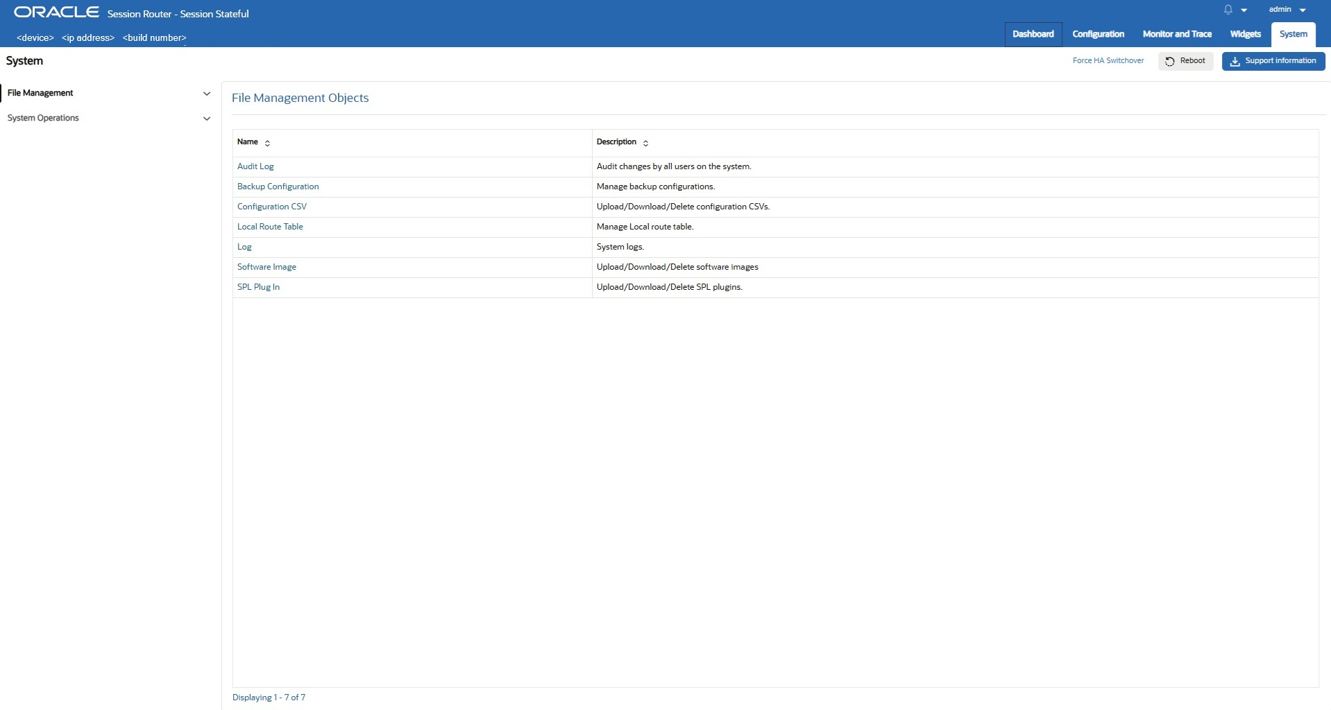 This screen capture shows the list of System Operations links on the System tab. The following table describes them.