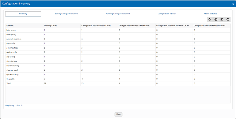 This screen capture shows the default landing page after you click View Configuration. It shows the default page, titled Inventory, and the other available tabs described in the text that follows this screen capture..