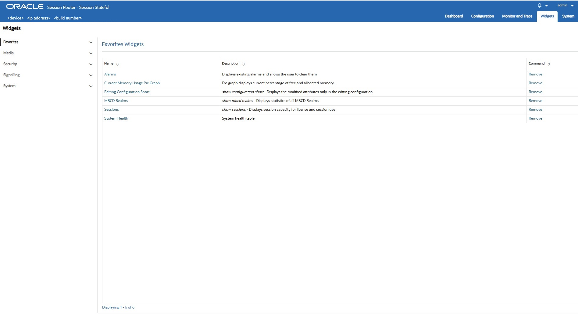 This screen capture shows an example of the navigation pane after clicking Media. The navigation pane displays a list of Media widgets in alphabetical order. When you click one, the Web GUI displays the data for the Widget.