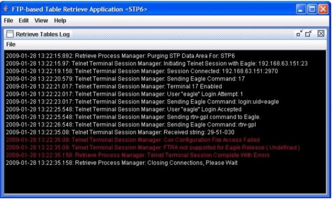 Retrieve Tables Log Window - Processing Retrieve Request