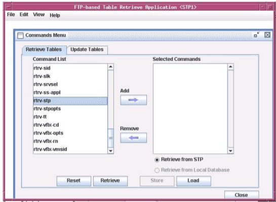 Retrieve Tables window with rtrv-stp command selected for retrieval