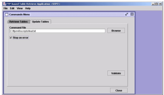 Update Tables Window with a Command File Selected and Stop on Error Box Checked