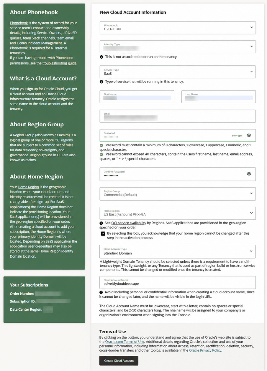 Create a new cloud account page