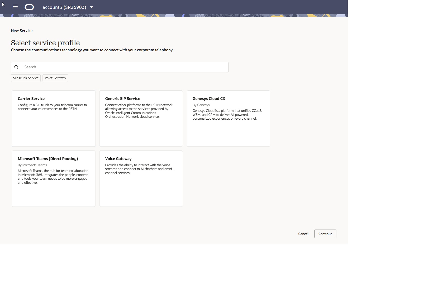 This screen capture shows an example of the services you can select.