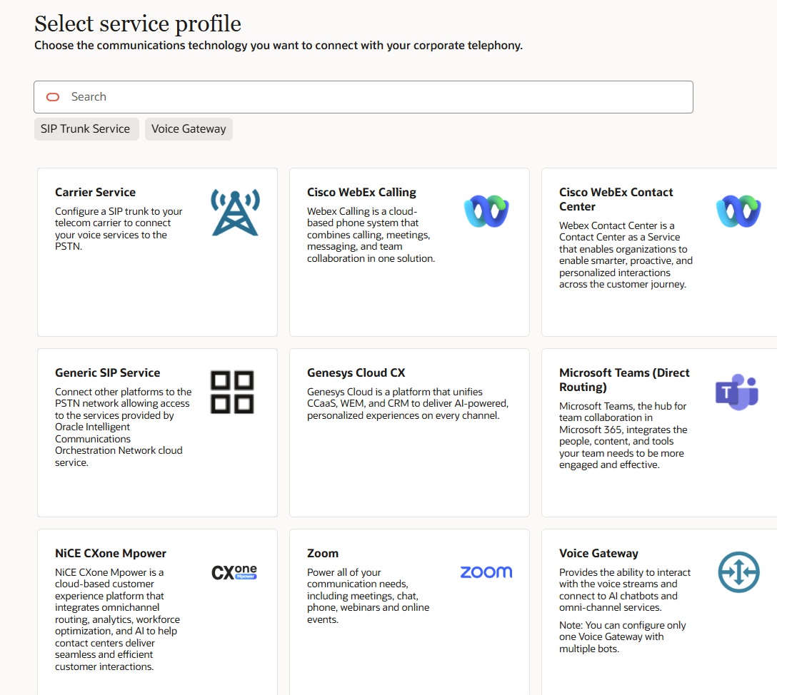 This screen capture shows an example of the Select Service Profile page with tiles for each available service.