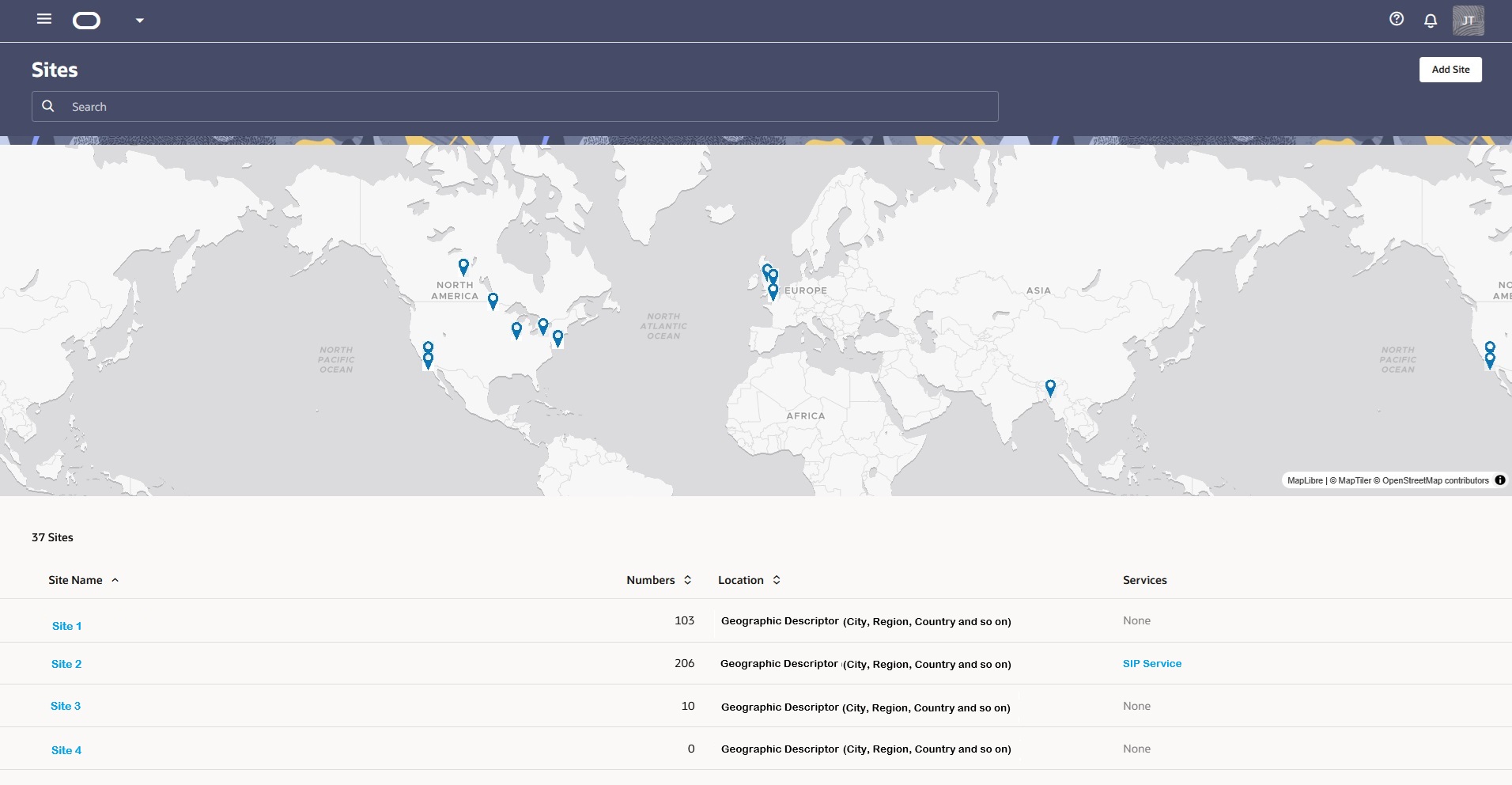 This screen capture shows an example of the Sites page. It displays a number of pins in a map, each one representing a site. It shows a table that lists all the configured sites with information about them.