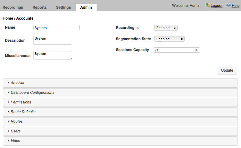 This screenshot shows the Accounts page.