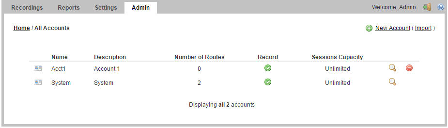 This screenshot shows the Accounts page.