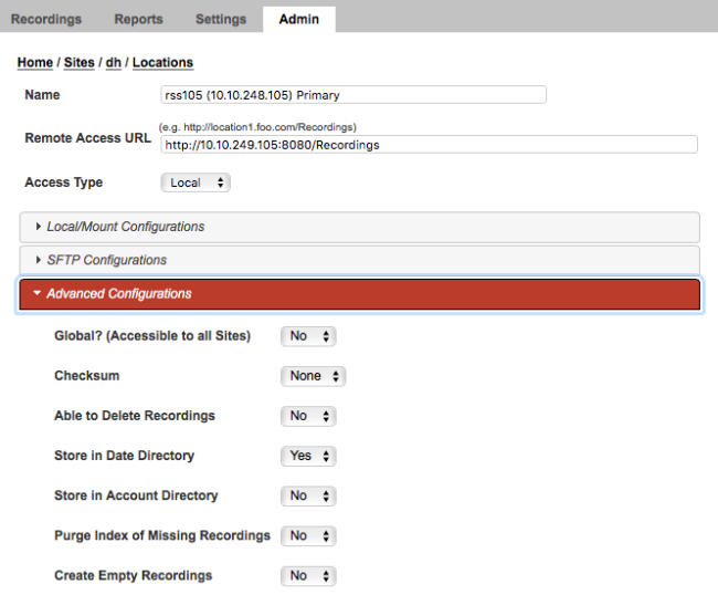 This screenshot shows the Location's Advanced Configurations section.