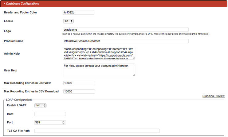 This screenshot shows the Account page's Dashboard Configurations.