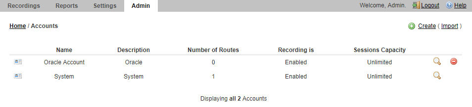 This screenshot shows the Accounts page.