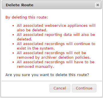 This screenshot shows the delete route dialog box.