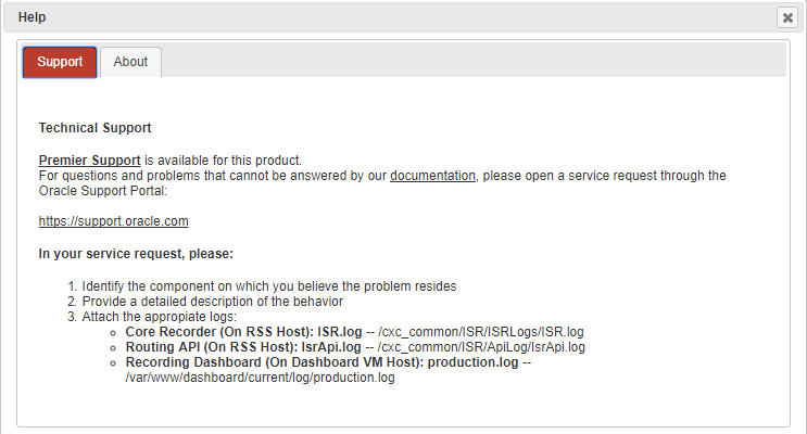 This screenshot shows the Help window, which contains links to support and documentation, and also includes a list of things to include in your service request. This screenshot shows the Help window, which contains links to support and documentation, and also includes a list of things to include in your service request.