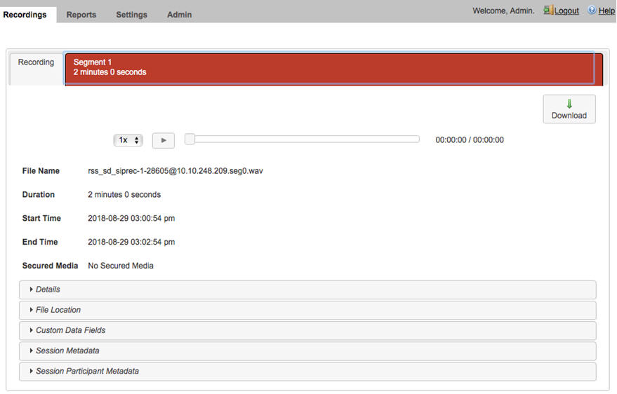 This screenshot shows the recordings details page.