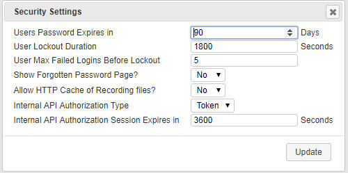 This screenshot shows the Security Settings page.