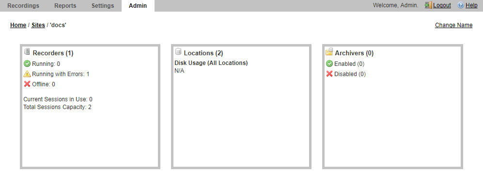 This screenshot shows the Sites details page and includes its recorders, locations, and archivers.