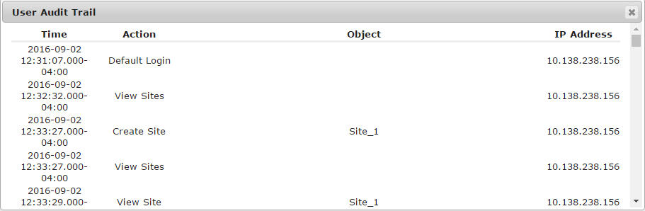 This screenshot shows an example user audit trail.