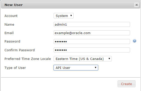 The New User screenshot shows the new user window and includes Account, Name, Email, Password, Confirm Password, Preferred Time Zone Locale, and Type of User.