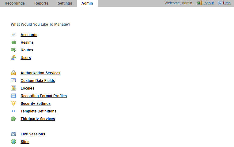 This screenshot shows the Admin home page.