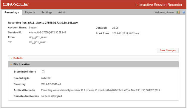 This screenshot shows the recording details' file location details.