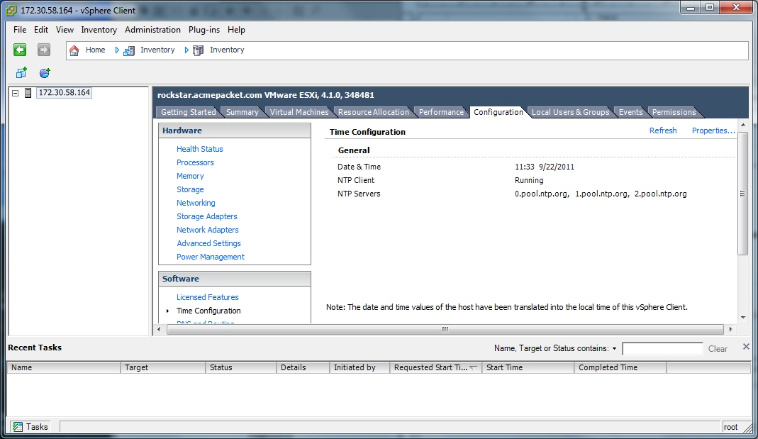 This screenshot shows the vSphere Client Configuration page.
