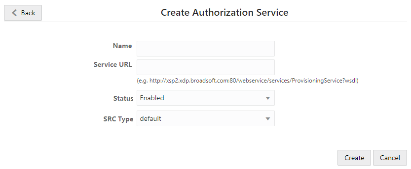 This screenshot shows the Create Authorization Service page.