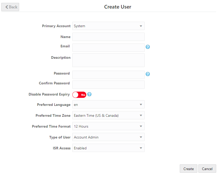 This screenshot shows the Create User page.