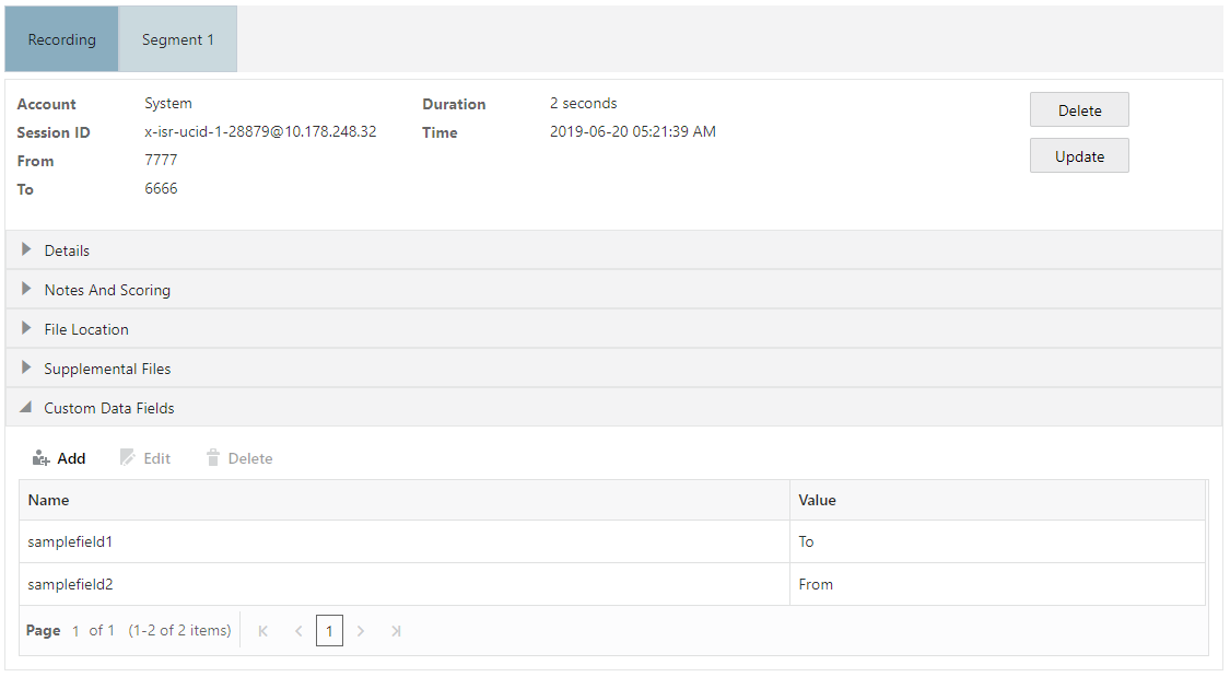 This screenshot shows the Recording Details page's Custom Data Fields section.
