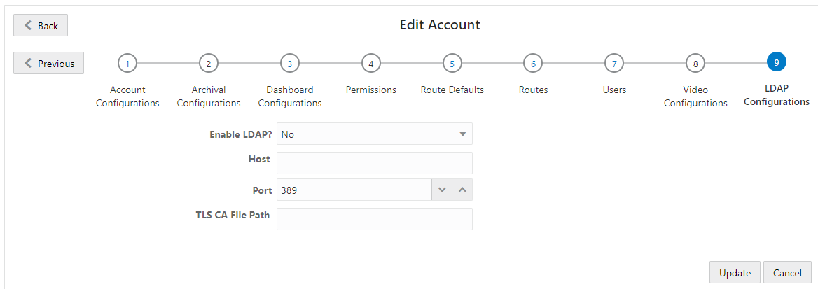 This screenshot shows the Accounts LDAP Configurations page.