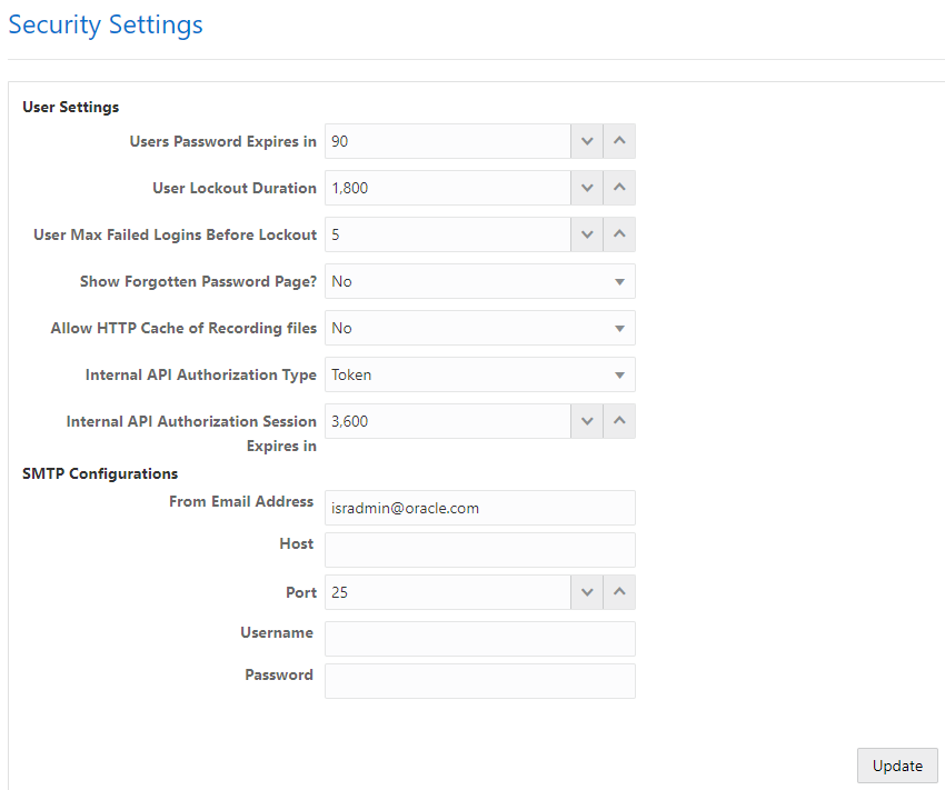 This screenshot shows the Security Settings page.