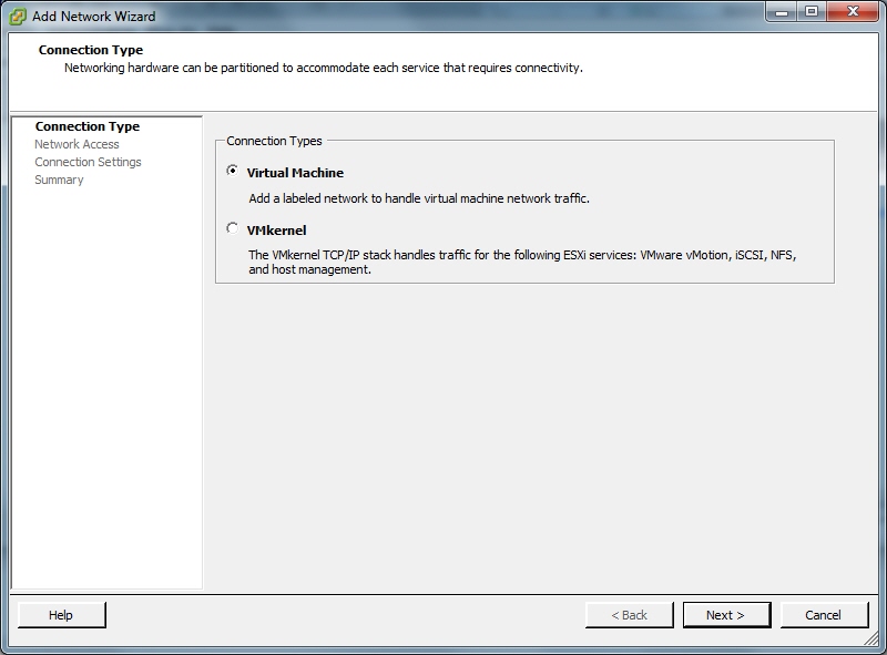 This screenshot shows the Add Network Wizard Connection Type dialog box.