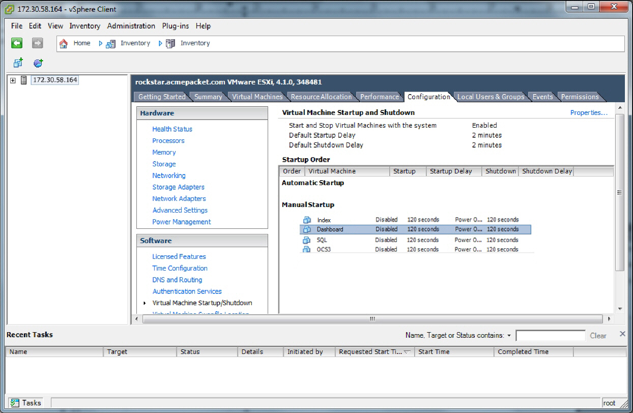 This screenshot shows the vSphere Client's configuration Virtual Machine Startup and Shutdown page.