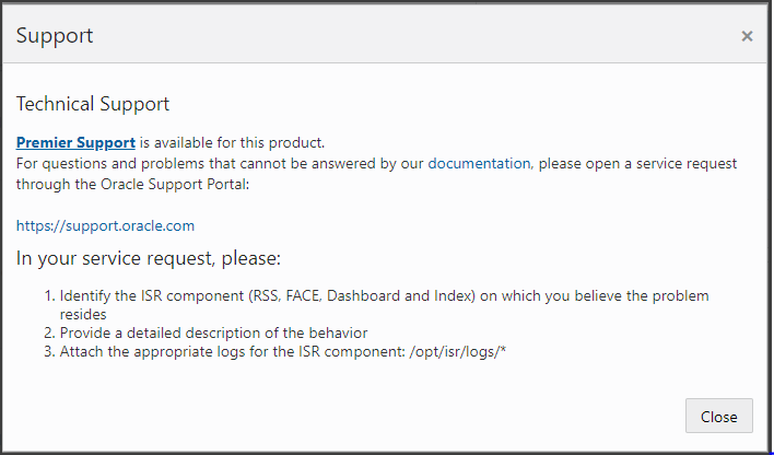 This screenshot shows the Support dialog box that displays when you click the Help link. This screenshot shows the Support dialog box that displays when you click the Help link.