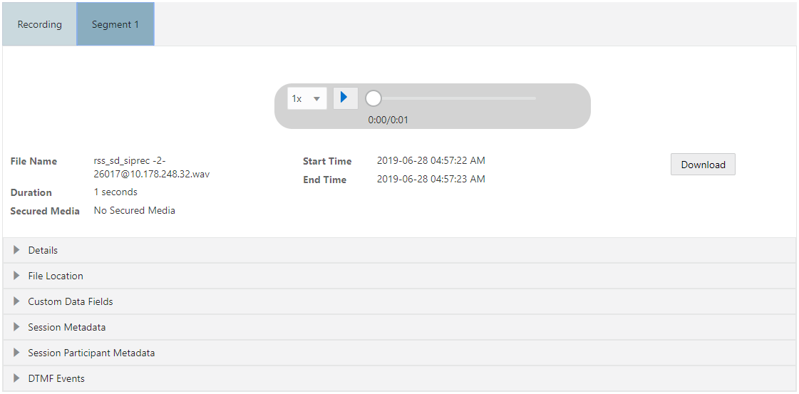 This screenshot shows the Recording Segment Details page.