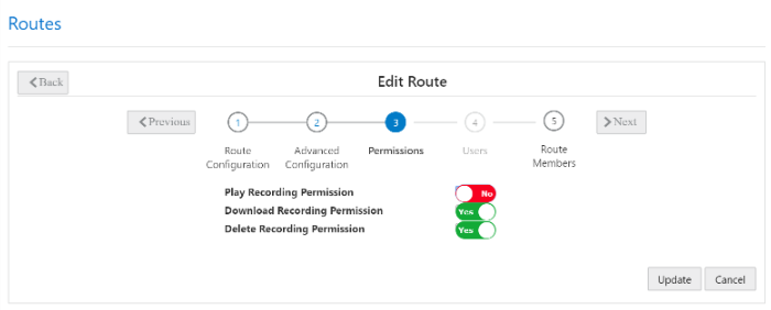 This screenshot shows the Edit Route page with toggle button examples.