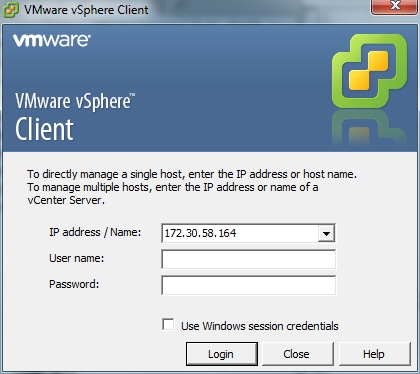 This screenshot shows the VMware vSphere Client login screen.