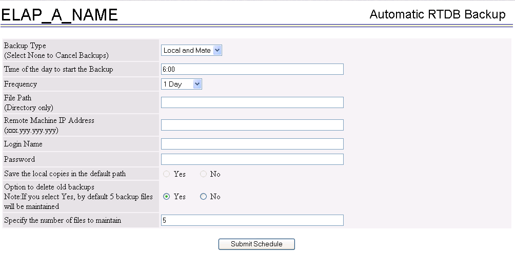 Automatic RTDB Backup screen Automatic RTDB Backup screen