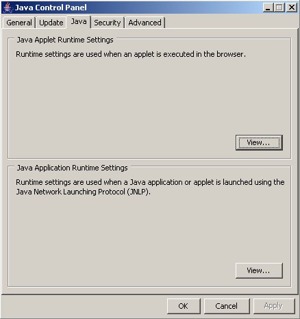 Java Control Panel, Java Tab