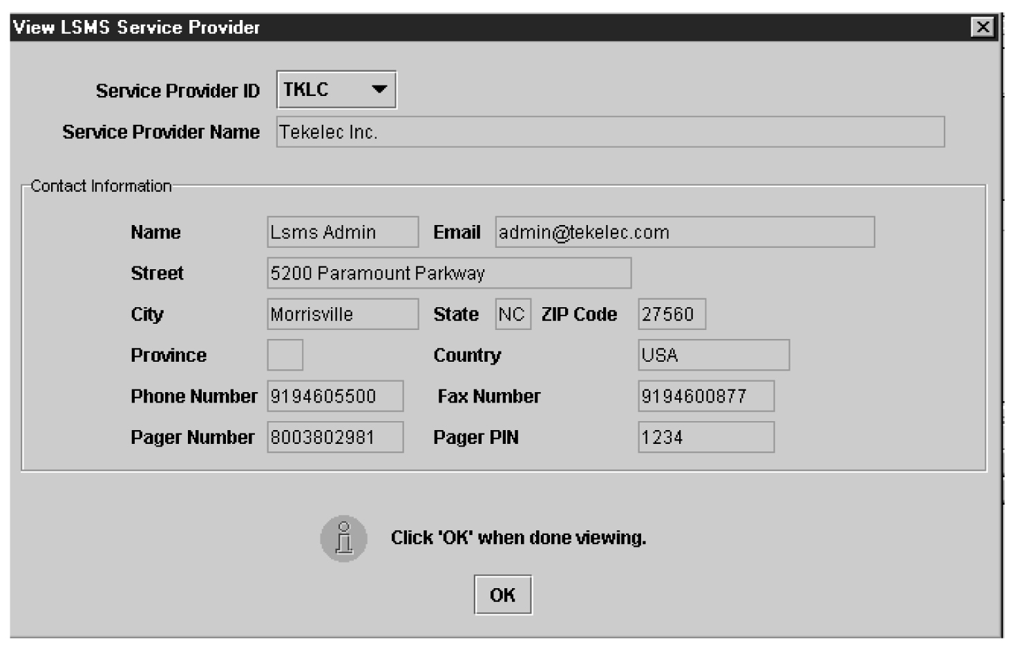 View LSMS Service Provider Window