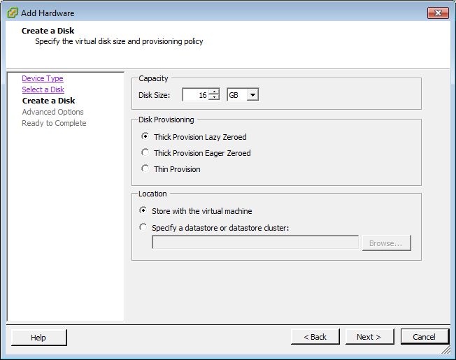 This screen capture shows the Create a Disk dialog.