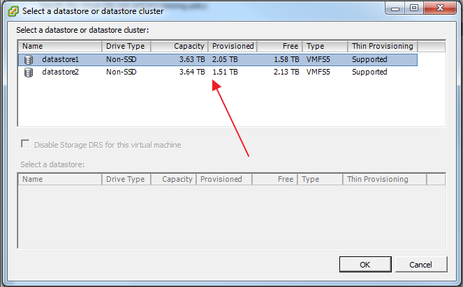 This screen capture shows the Select a datastore or datastore cluster list.