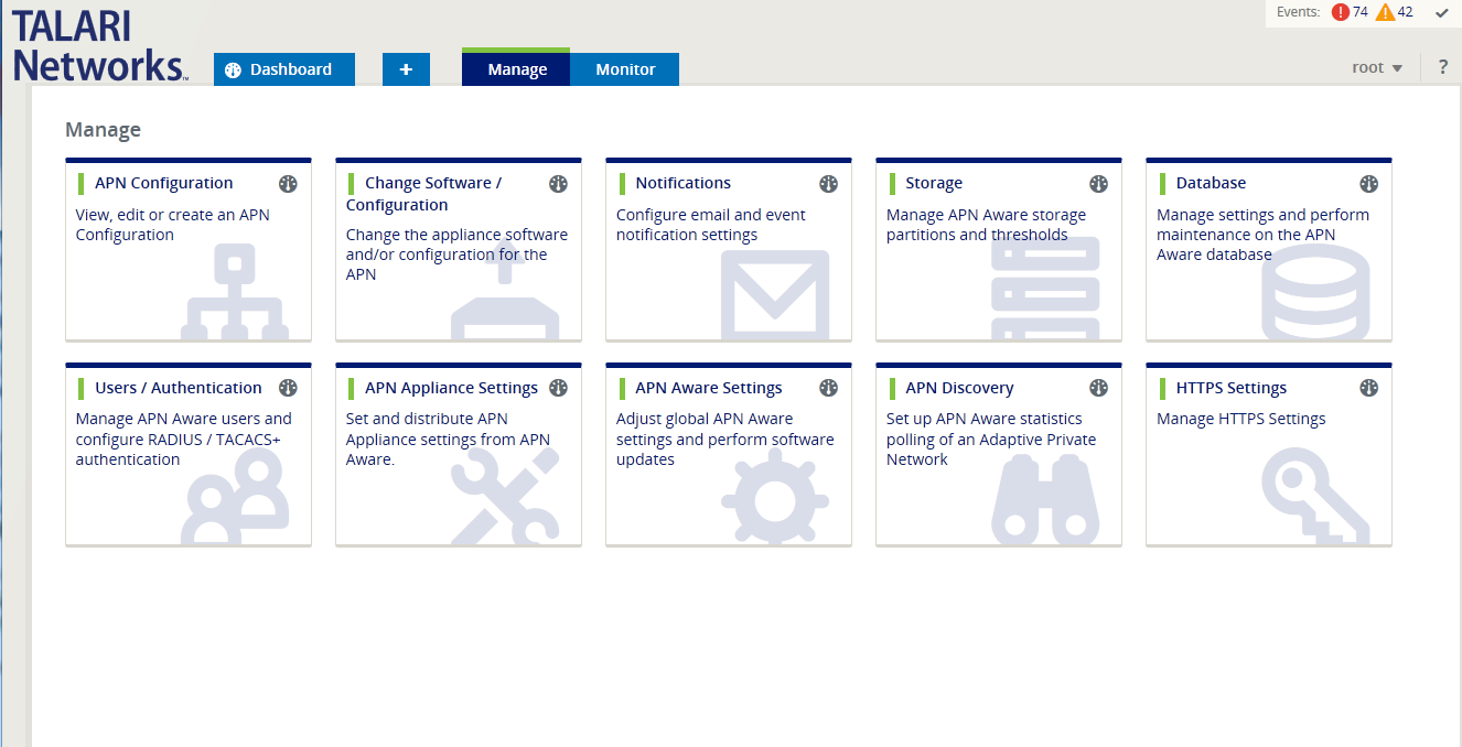 This screen capture shows the Talari landing page.