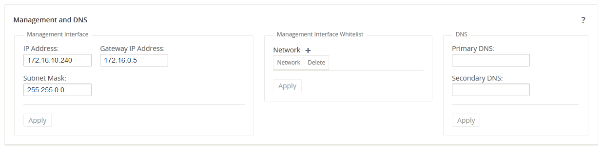 This screen capture shows the Management and DNS dialog.